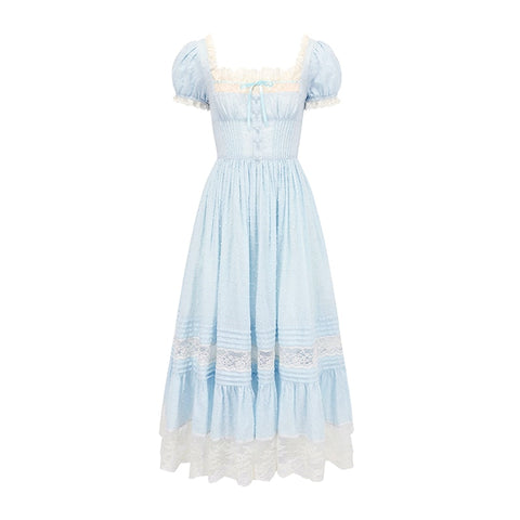 Sonicelife   Blue France Vintage Midi Dress Women Lace Elegant Party Princess Dresses Female Spuare Neck Korean Sweet Fairy Dress Summer