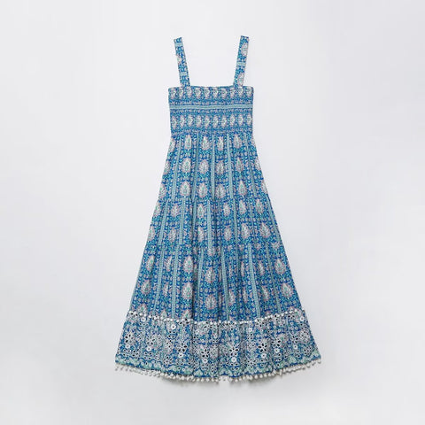 Sonicelife Retro Eyelet Embroidered Women Dress Ruffle Square Neck Elastic Band Smocked Corset Summer Dresses Long Boho Maix Dress