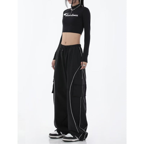 Sonicelife Early Autumn New Black Loose Retro Casual Pants Women's High Waist Slim Sports Pants Drawstring New Style