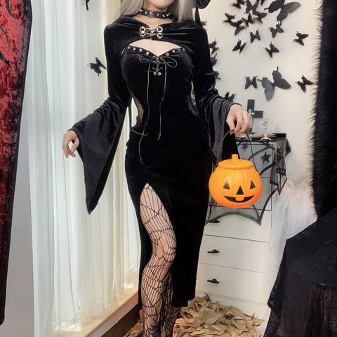 Sonicelife Halloween Gothic Long Dress Suit With Hat See Through Velvet Lace Cutout High Slit Long Sleeve Button Lace-up Party Smock Dresses