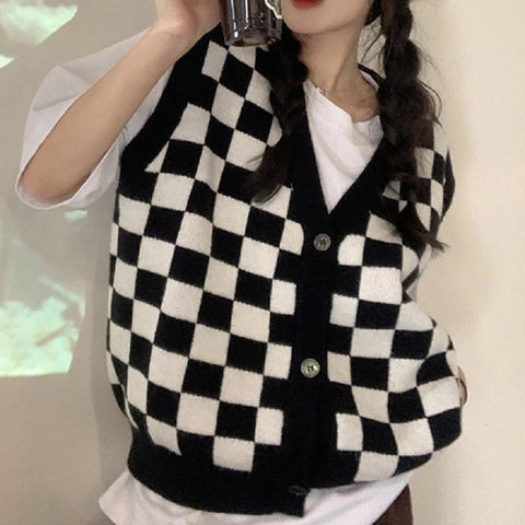 Sonicelife  Korean Style Checkerboard Knitted Sweater Vest Women V-neck Oversized Plaid Preppy Fashion Sleeveless Knitwear Jacket