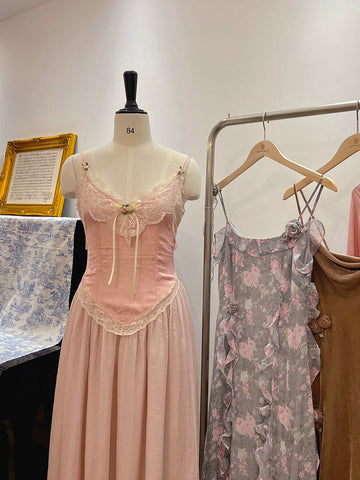 Sonicelife Floral Vintage Elegant Strap Dress Women Lace France Sexy Evening Party Long Dresses Pink Sweet Princess Fairy Dress Summer