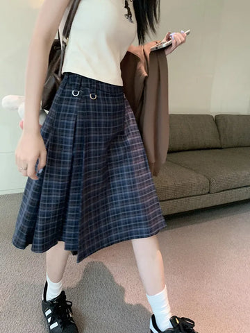 Sonicelife   Korean style Preppy Fashion Vintage Plaid Summer Women Midi Skirt High Waist Pleated A-line Temperament Loose Y2K Skirt