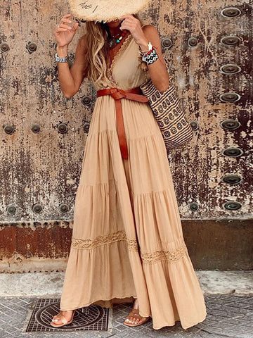 Sonicelife Summer Lace Patchwork Dress Women V Neck Vintage Long Dress Sleeveless Boho Party Maxi Dress Female Casual Belted Beach Dress