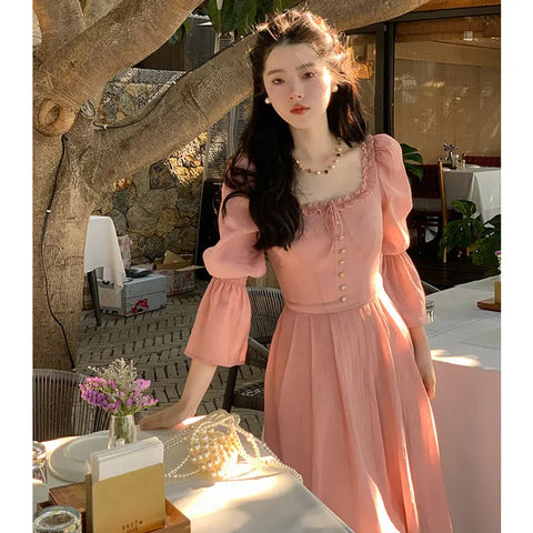 Sonicelife   Korea Elegant Pink Dress Women Fashion Retro Square Collar Party Midi Dress Sweet Princess A Line Sundress Vestidos Ruffle Dress