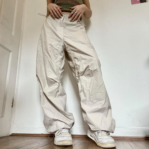 Sonicelife  Hippie Y2K Cargo Pants Women Low Waist Sweatpant Drawstring Pockets Baggy Wide Leg Trousers Korean Vintage White Parachute Pants