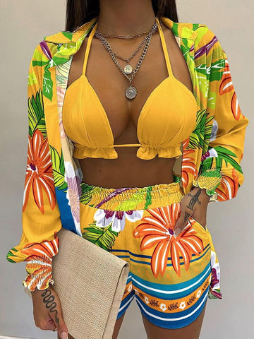 Sonicelife  Retro Elegant Print V-Neck Bra + Long Sleeve Shirts Tops + Shorts Suits Beach Women Casual Loose Fashion Three Piece Set Outfits