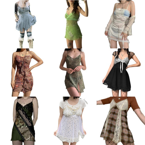 Sonicelife hoco dresses Women Chic Vintage Lace Cute Fairy Dress Sleeveless Spaghetti Strap Grunge 90S Aesthetic E-Girl Mini Dress Streetwear