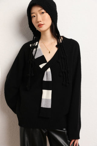 Sonicelife V-neck Imitation Scarf Retro 2024 Women's New  Cashmere Knitted Sweater Top