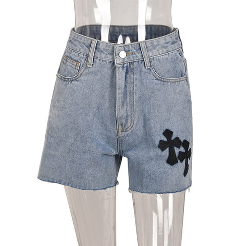 Sonicelife  Cross Printed Y2K Denim Shorts Women Fashion Pocket Tassel High Waist Jeans Shorts 90S Summer Streetwear  Hot Shorts