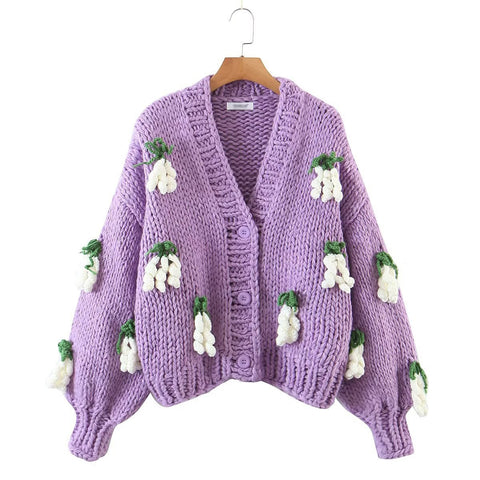 Sonicelife 2024 Women's Cardigans Multicolor Floral Knitted Decoration Long Sleeve Loose Coats Warm Sweaters 3 Colors
