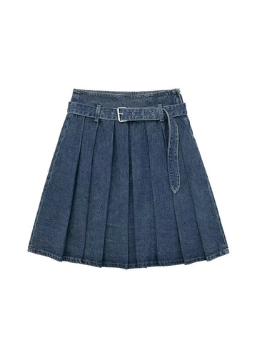 Sonicelife   Fashion Denim Skirts For Women With Belt High Waist Folds Midi Skirt Woman Streetwear Vintage Female Faldas Autumn Clothes