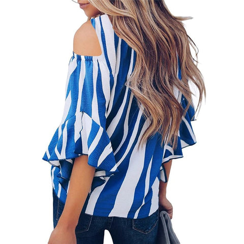 Sonicelife Back to school outfit Sonicelife  Women Chiffon Blouses Summer  Off Shoulder Ruffles Half Sleeve O-Neck Tops Tees Fashion Elegant Bowknot Striped Shirt 5XL