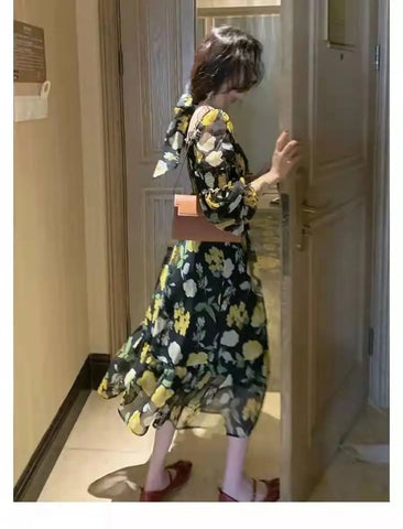 Sonicelife   Korea One Piece Dress Fairy Floral Midi Dress Women Puff Sleeve Elegant Vintage Dress Female Party Dress Office Lady Summer