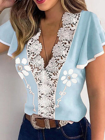 Sonicelife  Summer Harajuku  Women Lace Blouses Shirt Casual Commute Short Sleeve Floral Print Tops Chic Hollow V-Neck Slim Blusas Mujer