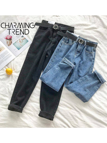 Sonicelife Women Jeans Pant Black Korean Crop Jeans Girls Students Vintage Solid Long Pants Fit Female High Waist Denim Pants Women