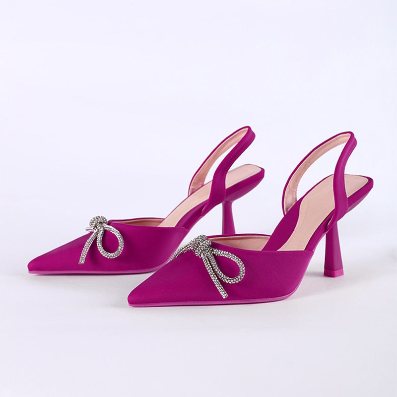 Sonicelife  New Women Sandals Pointed Toe Butterfly Knot Crystal  Female Pumps Flock Thin Heel  Plus Size Ladies Summer Fashion Shoes