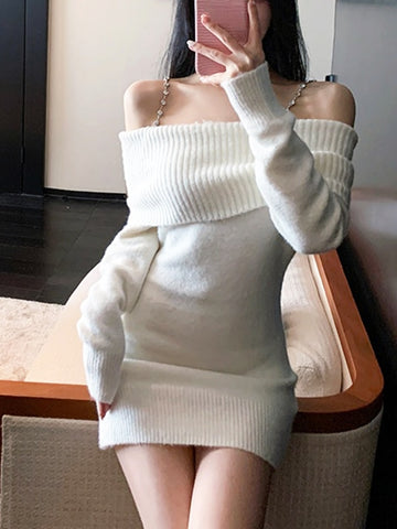 Pure Color Elegant Knitted Dress Woman Bodycon Slim Y2k Mini Dress Casual Party Korean Fashion Long Sleeve Dress spring dresses for women 2023