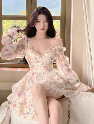 Sonicelife Kawaii Aesthetic Soft Girl Pastel Floral Sweetheart Neckline Dress
