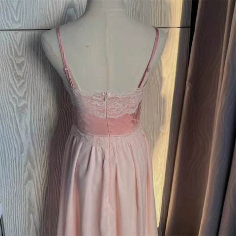Sonicelife Floral Vintage Elegant Strap Dress Women Lace France Sexy Evening Party Long Dresses Pink Sweet Princess Fairy Dress Summer