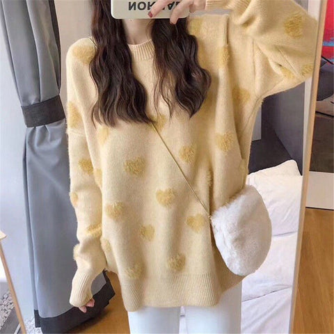 Sonicelife  Korean Style Heart Print Knitted Sweater Women Kawaii Pink Oversize Creweck Long Sleeve Jumper Causal Pullover Tops