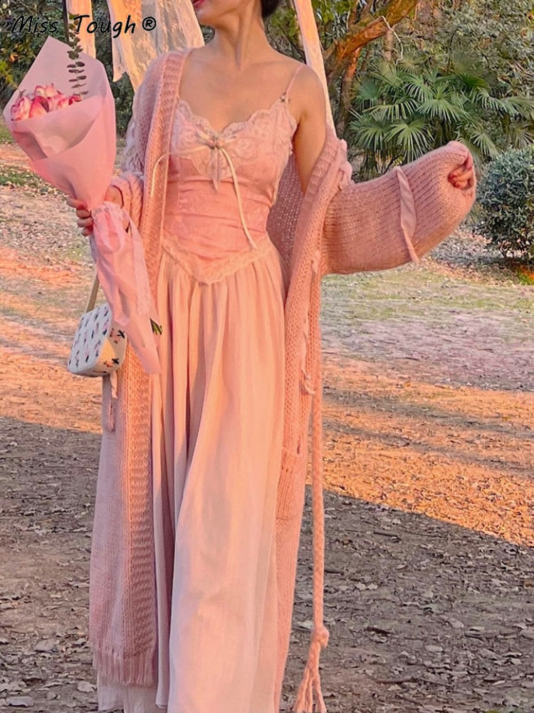 Sonicelife Floral Vintage Elegant Strap Dress Women Lace France Sexy Evening Party Long Dresses Pink Sweet Princess Fairy Dress Summer