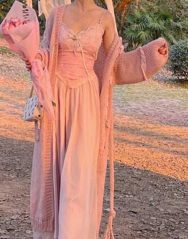 Sonicelife Floral Vintage Elegant Strap Dress Women Lace France Sexy Evening Party Long Dresses Pink Sweet Princess Fairy Dress Summer