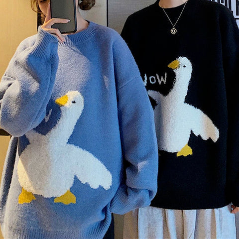 Sonicelife  Korean Style Kawaii Cartoon Goose Print Knitted Sweater Women Harajuku Oversize Crewneck Long Sleeve Jumper Pullover