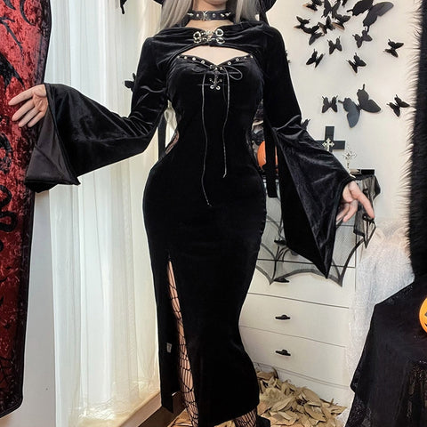 Sonicelife Halloween Gothic Long Dress Suit With Hat See Through Velvet Lace Cutout High Slit Long Sleeve Button Lace-up Party Smock Dresses