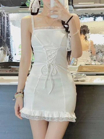 Sonicelife Kawaii Aesthetic Coquette Dollette Corset White Dress Light Green Cardigan Set