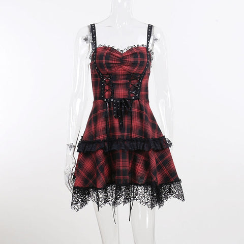 Sonicelife hoco dresses Halloween Red Plaid Dress Street Goth Fairy Grunge Y2K Pleated Lace-up Tube Lolita Partywear Eyelet Strap Corset  Mini Dresses