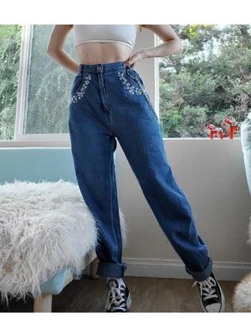 Sonicelife Women embroidered jeans Chic 2024 New Mid-waist Pocket Casual Denim Pants Straight Girl Jeans Trousers Blue