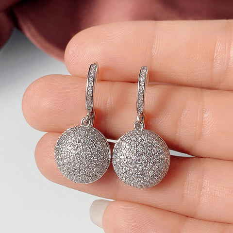Sonicelife Full Paved CZ Round Pendant Dangle Earrings Women Silver Color Luxury Bride Wedding Earrings Eternity Statement Jewelry