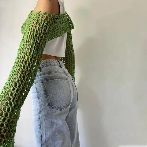 Sonicelife Long Sleeve Crochet Top 2024 Summer New Womens Knitted Crop Top Knitted Mesh Top Green Openwork Beach Smock Y2k Streetwear