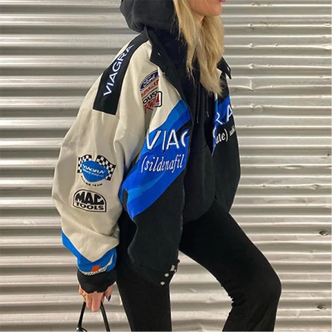 Sonicelife Women Motorcycle Racing Jacket Gothic Y2k Bomber Hip Hop Vintage Oversized Baseball Suit Motor Printed 2024 Harajuku Clothes