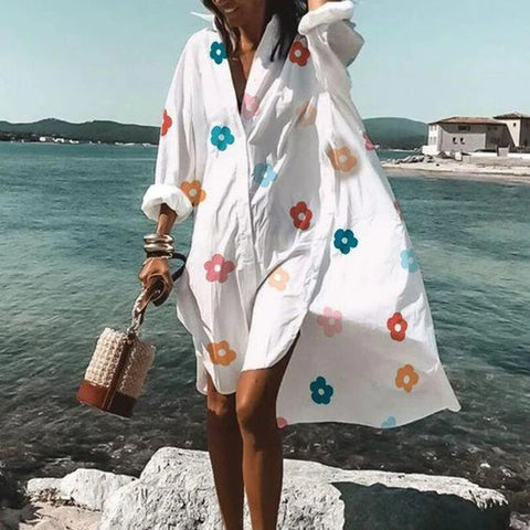 Sonicelife  Women Oversized Shirt Dress Summer Boho Casual Loose Long Sleeve Print Dresses Female  Beach Cover Up Mini Dresses Vestidos