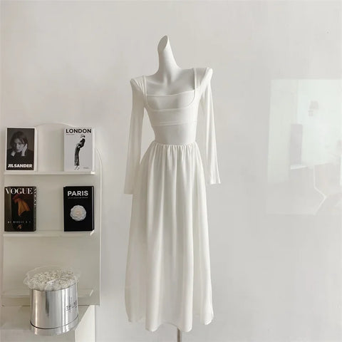 Sonicelife   -  Women Fake Two Piece Dress Solid Color Long Sleeves Square Collar Midi Dress Spring Autumn Elegant French Style Slim Waist Dress