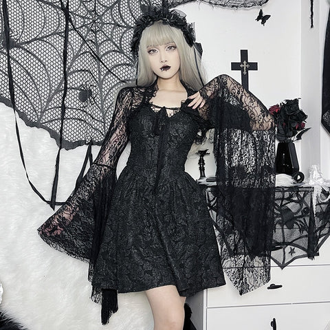 Sonicelife Halloween Vintage Gothic  Black Lace T-shirt Women Streetwear Flare Sleeve See Through  Smock  Top Elegant Aesthetic Cropped Tops