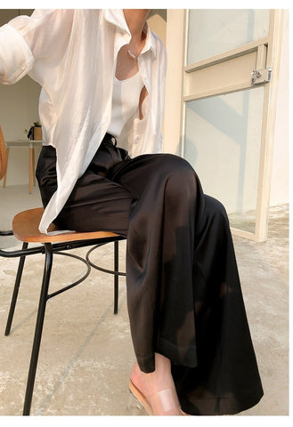 Sonicelife Early Autumn New Silk Wide Leg Pants Women's Summer Thin High Waist Draping Suit Straight Tube New Imitation Acetic Acid Satin Pants
