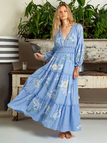 Sonicelife Floral Embroidery Long Dress Women Autumn Elastic Waist A Line  Printed Dresses Bohemian Retro V-neck Lantern Sleeve Robe