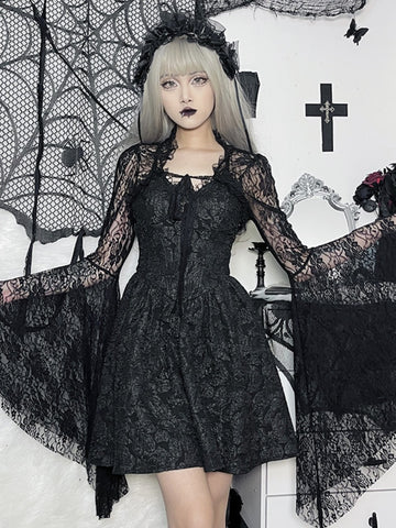 Sonicelife Halloween Vintage Gothic  Black Lace T-shirt Women Streetwear Flare Sleeve See Through  Smock  Top Elegant Aesthetic Cropped Tops
