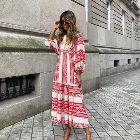 Sonicelife  Lantern Sleeve Printing Long Dresses Women Summer Fashion V Neck Ankle-length Geometric Collage Dress Loose Boho Beach Dresses