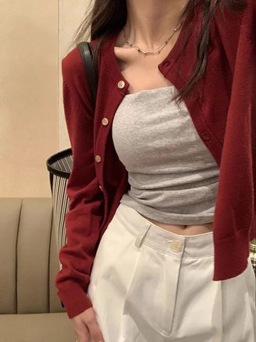Sonicelife Women Vintage Cardigan Long Sleeve Red Sweater New Knitwear Tops Slim Coat Korean Autumn Winter Women's Clothes 2024