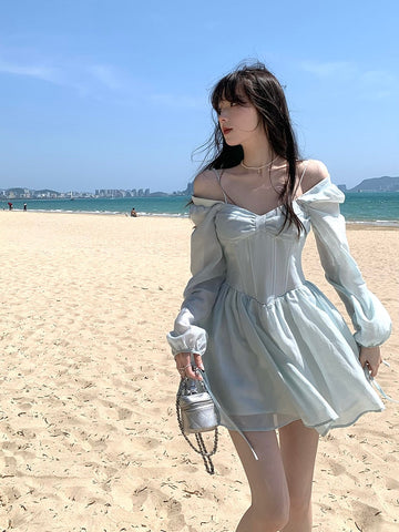 Sonicelife hoco dresses  Long Sleeve Dress Female Blue Sweet A-Line Summer High Waist Vintage Slim Fairy Dress Princess Dress Sundress Beachwear Holiday Fairy Dress