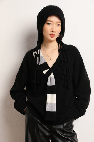 Sonicelife V-neck Imitation Scarf Retro 2024 Women's New  Cashmere Knitted Sweater Top