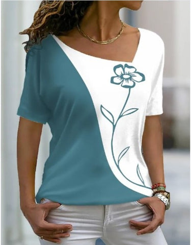 Sonicelife  Women Floral Theme Print T-Shirt 2024 Summer Fashion Casual V Neck Short Sleeve Basic Tops Female Loose 3D Print Pullover Tees
