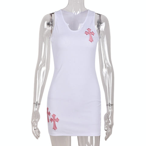 Sonicelife Cross Printed White Mini Dress For Women Sleeveless V-Neck Basic Tank Dress Y2K Streetwear Outfits Party Bodycon Dresses