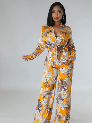 Sonicelife 2024 Autumn New Fall Outfits Fashion Printed Pants Two Piece Set For Women Lapel Long Sleeve Lace-up Shirt Top Loose Pant Suit Casual Lady Outfit