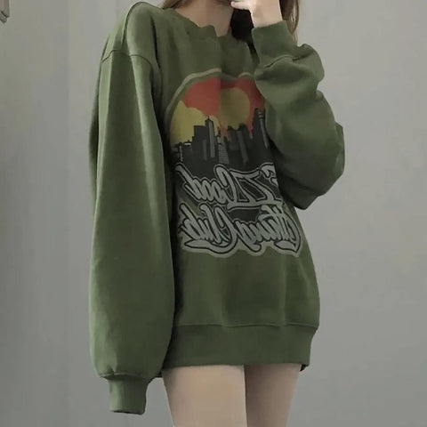 Sonicelife  Korean Style Green Crewneck Sweatshirt Women Vintage Harajuku Letter Printing Pullover Female Y2K Hoodie Hip Hop Tops