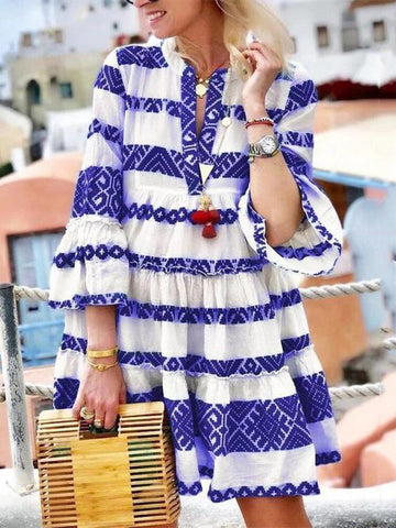 Sonicelife hoco dresses  Elegant Button V-Neck Flare Sleeve Mini Dress Summer  Party Beach Dress Women Fashion Colorful Print Stripe Dress Cover-Ups